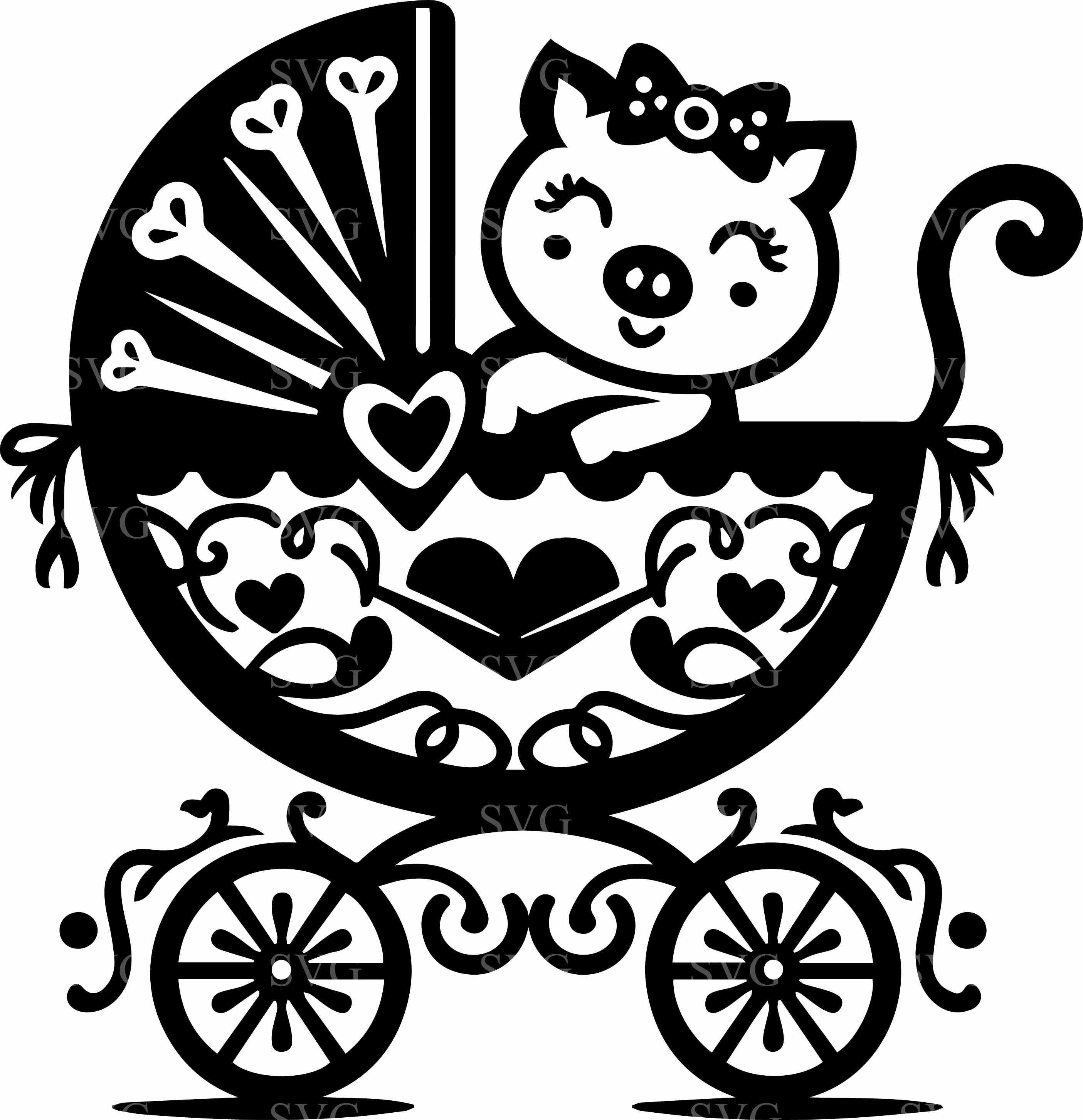 6 Baby Pig in Carriage SVG | Cute Piglet Stroller Cut File with Hearts and Bow | Adorable Animal Clipart for Cricut Crafts