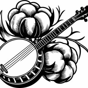 May include: Black and white illustration of a banjo with a round body and a long neck, set against a backdrop of cotton plants. The banjo has strings and tuning pegs. The cotton plants have fluffy, textured blooms.