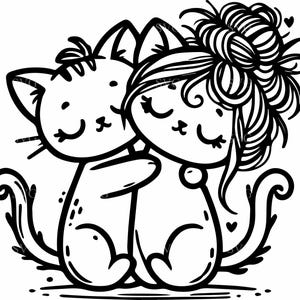 4匹の抱きしめる猫のSVG 4カットファイル - おだんごヘアスタイルの愛らしい子猫のデザイン - かわいい動物のデジタルアート