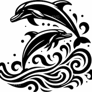 Fichier de coupe SVG 6 dauphins, 6 dauphins sautant avec la Silhouette de vagues, Clipart vie océanique pour Cricut et découpe laser