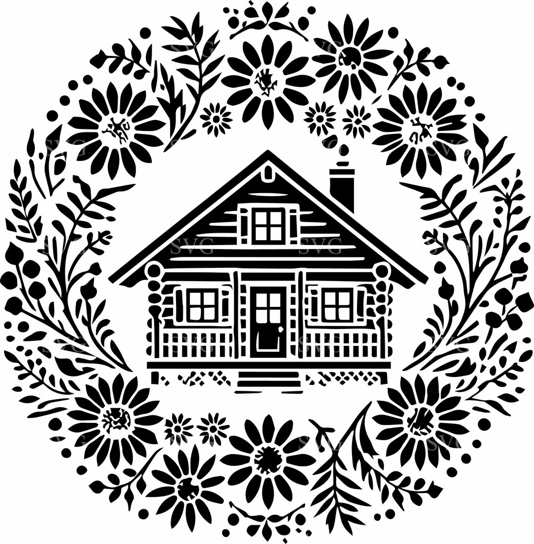 Rustic Cabin With Floral Wreath SVG - 8 Charming Woodland Home Design ...