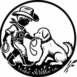 4 Cowboy and Dog SVG 4 Cut File, Farm Boy with Puppy Silhouette, Western Digital Art for Cricut, Laser Projects