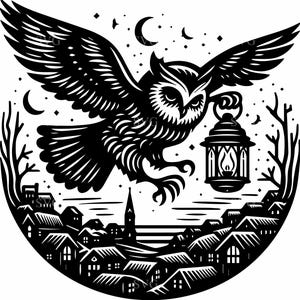 4 Owl Lantern SVG – 4 Flying Owl with Lantern Cut File – Night Forest Animal Clipart for Cricut, Mystical Woodland Decor