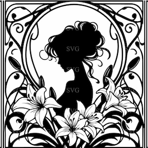 6 Floral Lady SVG, silhouette de femme élégante dans un fichier de coupe cadre Lys, conception de Style Art nouveau pour Cricut et Silhouette