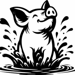 May include: Black and white illustration of a pig splashing in water. The pig is smiling, with water droplets and splashes surrounding it. The image has a cartoon-like style.