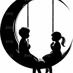 6 jongen en meisje op maanschommel SVG 6 gesneden bestand nachtelijke hemel silhouet clipart voor Cricut en Silhouette Crafts