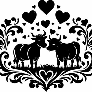 May include: Black and white illustration of two cows facing each other, surrounded by hearts and decorative floral elements. The design features a heart-shaped border and smaller hearts scattered throughout.