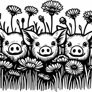 4 Flower meadow – 4 Pig trio SVG cut file – Cute farm animal design for Cricut spring crafts and kids decor