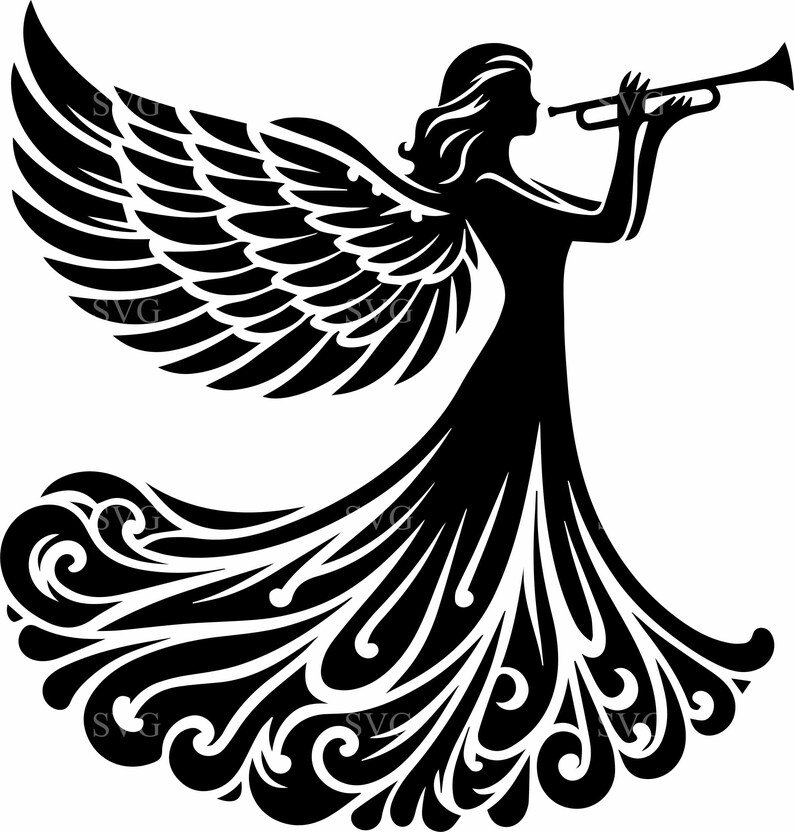 10 Flowing Winged Angel Trumpet SVG – Angel Silhouette Cut File for ...