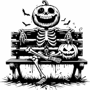 4 Skeleton on Bench SVG, 4 Halloween Skeleton Silhouette, Witch Hat Skeleton Cut File, Spooky Pumpkin Clipart, Cricut Design