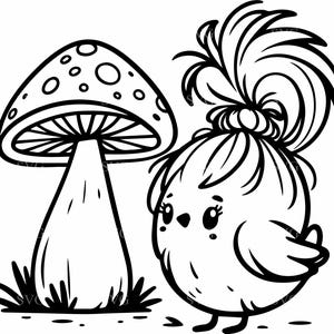 Oiseau mignon et champignon SVG 4 fichier coupe | Oiseau adorable avec un noeud supérieur et un champignon vénéneux Vectoriel | Clipart silhouette artisanat nature