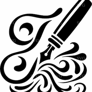 Puede incluir: Ilustración en blanco y negro de una pluma estilográfica con tinta giratoria que sale de la punta. La pluma está estilizada con un toque decorativo.