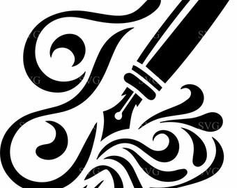 May include: Black and white illustration of a fountain pen with swirling ink coming from the nib. The pen is stylized with a decorative flourish.