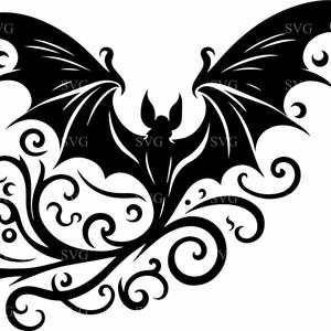 Ornate Bat SVG, 7 Gothic Bat with Swirls Cut File, Halloween Bat Silhouette Clipart, Digital Download