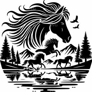 6 Silhouette de cheval sauvage fichier SVG 6 - chevaux majestueux dans un aménagement paysager de montagne - art numérique inspiré de la nature