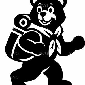 May include: A black and white illustration of a bear wearing a backpack and a neckerchief. The bear is walking with a smile, suggesting a hiking or camping theme. The image has a simple, graphic style, suitable for various outdoor-themed products.
