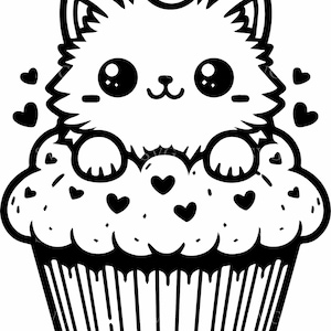 Leuk katje in cupcake gesneden SVG 7-bestand - schattige kat met harttoppings en slagroom - zoet digitaal ontwerp
