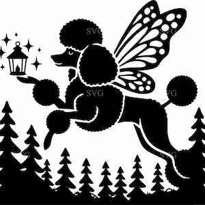 6 Fairy Pudel SVG, 6 eleganter Hund mit Schmetterlingsflügeln und Laternenschnittdatei, perfekt für Cricut und Silhouette Crafts