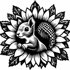 May include: Black and white illustration of a squirrel nestled within a sunflower. The squirrel is detailed with fur and facial features, while the sunflower petals and leaves are intricately designed. The image has a vintage, woodcut style.