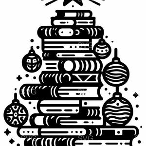 May include: A black and white illustration of a Christmas tree made of stacked books. The tree is topped with a star and decorated with ornaments. The design is suitable for book lovers and holiday enthusiasts.