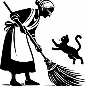May include: A black and white silhouette of a woman sweeping with a broom, with a cat jumping in the air. The woman is wearing an apron and glasses. The image is a vector graphic.