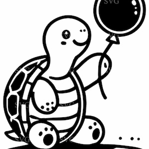 Può includere: Un'illustrazione di cartone animato in bianco e nero di una tartaruga che tiene un palloncino nero. La tartaruga ha un guscio a strisce e sorride.