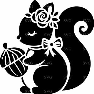 5 Ardillas adorables con bellota SVG, clipart de animales del bosque con flores para Cricut, archivo de corte de silueta de animal de niña del bosque