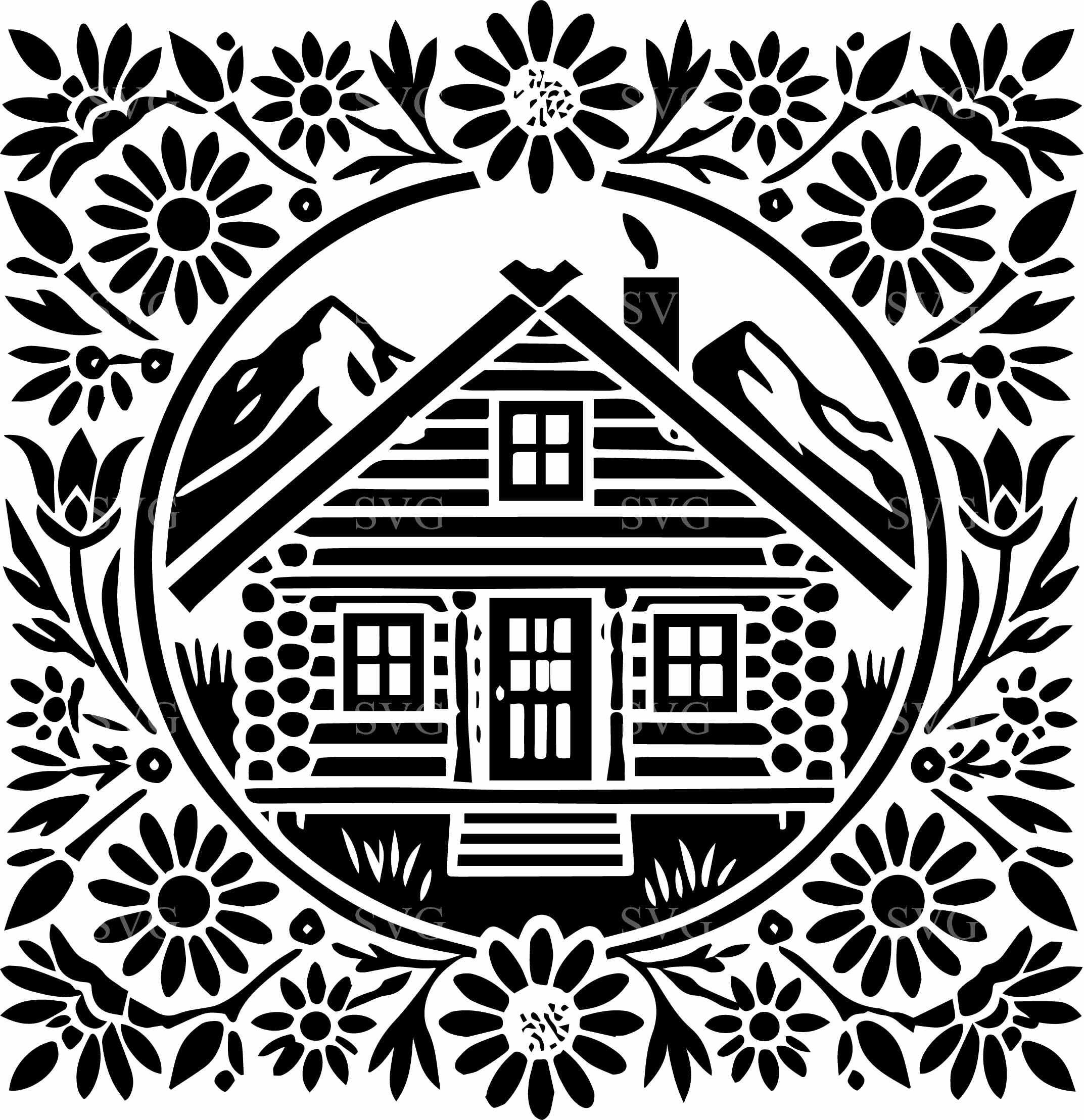 Rustic Ridge Svg 8 Rustic Cabin With Floral Wreath SVG - 8 Charming Woodland Home Design ...