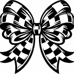 Könnte beinhalten: Illustration einer schwarz-weiß karierten Schleife. Die Schleife hat eine klassische Form mit mehreren Schlaufen und Schwänzen. Das Design ist eine kühne, grafische Darstellung, ideal für verschiedene Bastelprojekte oder dekorative Zwecke.