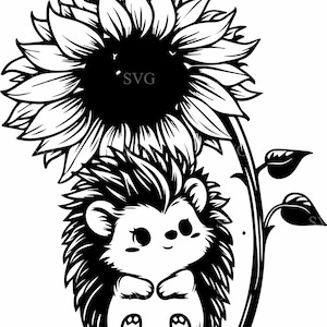 Hérisson mignon avec fichier de coupe tournesol SVG 4 | Adorable silhouette hérisson et fleur | Clipart sur le thème de la nature