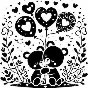 Può includere: Illustrazione in bianco e nero di due orsetti che si abbracciano, circondati da palloncini a forma di cuore ed elementi floreali. I palloncini hanno ritagli a forma di cuore e gli orsetti tengono un nastro. Piccoli cuori e punti riempiono lo sfondo.