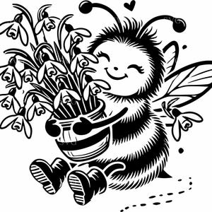 Può includere: Un'illustrazione di cartone animato in bianco e nero di un'ape che tiene un mazzo di fiori in un vaso. L'ape sorride e ha un cuore sopra la testa.