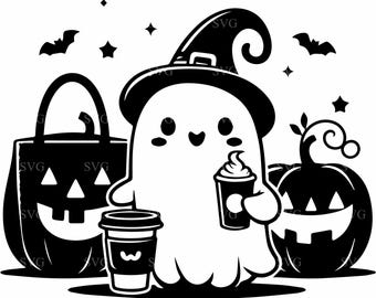 6 archivos SVG de corte espeluznante de fantasmas de Halloween: decoración de fiesta infantil de café con calabaza, tazas