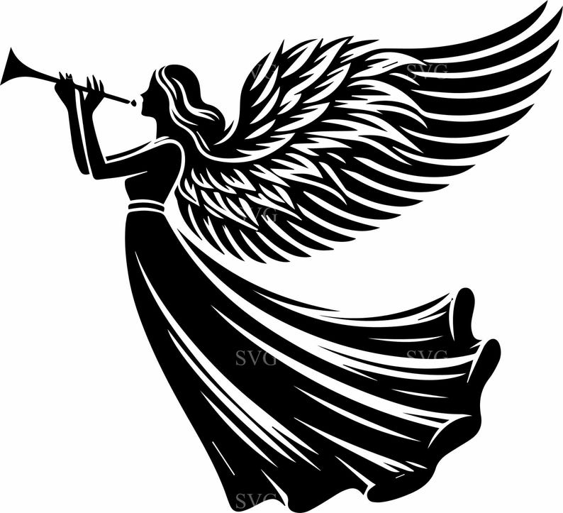 10 Flowing Winged Angel Trumpet SVG – Angel Silhouette Cut File for ...