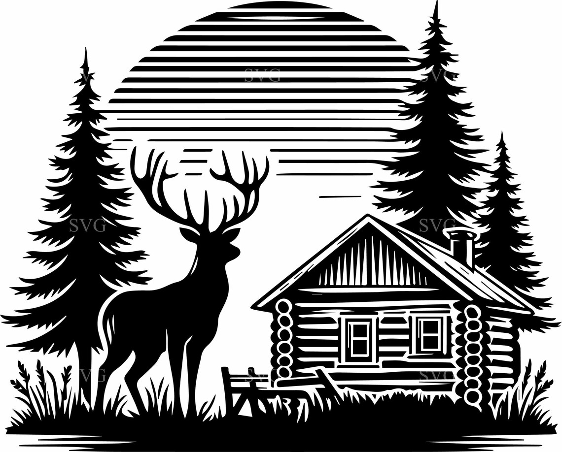 4 Mountain Cabin Scene – 4 Deer and Log Cabin SVG Cut File – Rustic ...