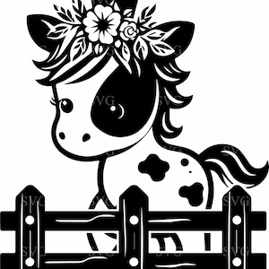 Fichier de coupe SVG poney floral 6, cheval mignon avec des cliparts couronne de fleurs, poney animaux de la ferme SVG pour Cricut et découpe laser