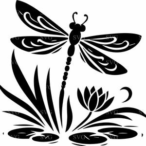6 arquivos de corte SVG de libélula com flor de lótus e nenúfares, clipart de cena da natureza para Cricut, silhueta, artesanato