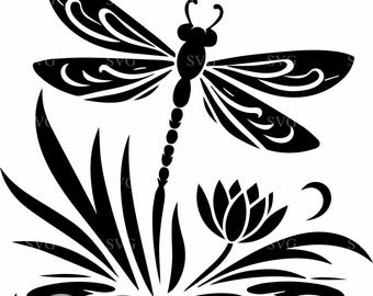 6 fichier de coupe SVG libellule avec fleur de lotus et nénuphars, des cliparts scène de la nature pour Cricut, Silhouette, travaux manuels