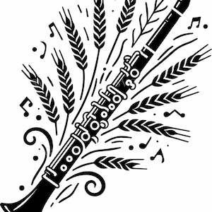 Può includere: Illustrazione in bianco e nero di un clarinetto circondato da spighe di grano e note musicali. Il clarinetto è raffigurato in dettaglio, con i suoi tasti e la campana ben visibili. Il design ha un aspetto artistico e fantasioso.