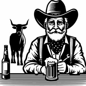 7 Cowboy beer SVG cut file - western man drinking beer at saloon table for rustic bar decor, country party crafts, vinyl and paper projects