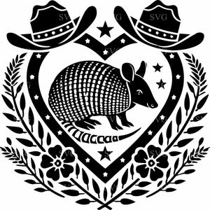 Western Armadillo SVG 5 Arquivo de corte - Chapéu de cowboy Design de vida selvagem - Floral Heart Nature Art para projetos Cricut