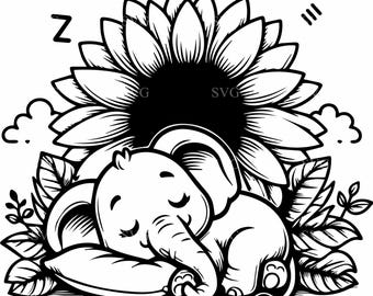 4 elefantes bebés girasol SVG, archivo de corte floral (descarga digital)