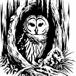 4 bosuil in boom – 4 bosuil SVG-bestand gesneden – mystieke vogelsilhouet voor rustieke muurkunst, natuurambachten, laser- en vinylprojecten