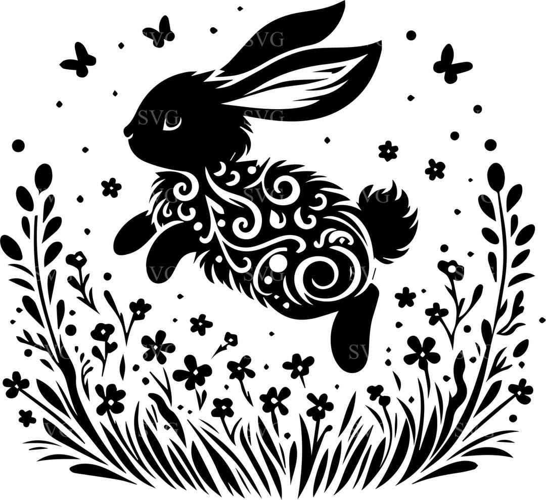 7 Floral Rabbit SVG Cut File, Decorative Bunny Silhouette With Flowers ...