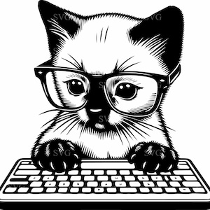 May include: A black and white illustration of a cat wearing glasses and typing on a computer keyboard.