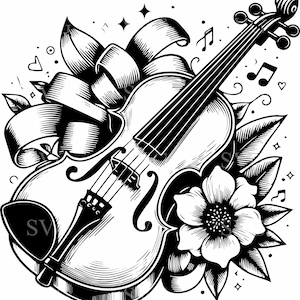 4 Violine SVG Schnittdatei, 4 Blumen Geige Silhouette, elegante Musik Clipart, Instrument Design, Cricut, Laser Cut Vektorkunst