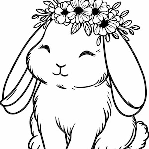May include: A black and white line drawing of a cute bunny rabbit wearing a flower crown. The bunny is sitting with its ears up and has a sweet expression on its face.
