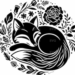 4 renard floral coupe fichier SVG, renard endormi en Silhouette de fleurs, clipart animaux de la forêt pour les travaux manuels de découpe Cricut et laser
