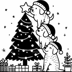 Könnte beinhalten: Schwarz-Weiß-Illustration von drei Hunden mit Weihnachtsmützen, die einen Weihnachtsbaum mit einem Stern schmücken. Geschenke und ein kleiner Baum befinden sich am Boden, mit Sternen verstreut.