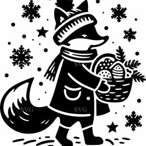 7 renard des bois d'hiver - 7 renard mignon fichier coupe SVG - animal de vacances avec panier clipart pour travaux manuels saisonniers, décoration pour enfants, laser et vinyle
